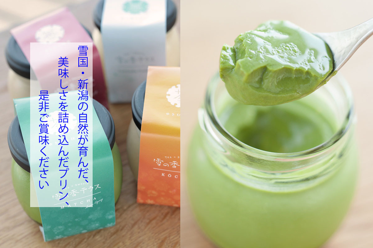 雪室銘茶のプリン専門店。雪室抹茶スイーツ工房「雪の香テラス」